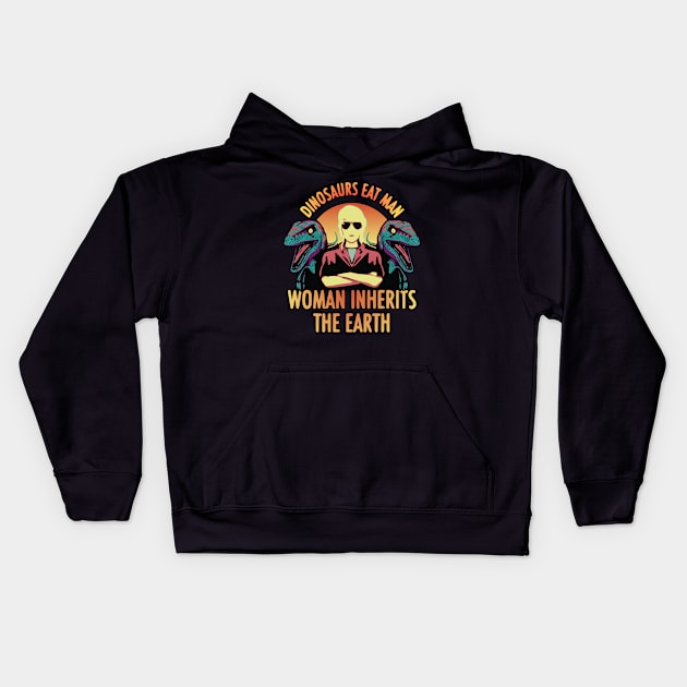Dinosaurs Eat Man Woman Inherits The Earth (Sunset Edition) Kids Hoodie by RuftupDesigns